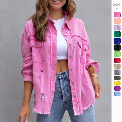 Fashion Ripped Shirt Jacket Female Autumn And Spring Casual Tops Womens Clothing - ARCHSHOPE