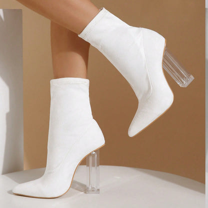 New Crystal Heel Boots Fashion High-heeled Party Shoes For Women Elastic Mid-calf Slim-foot Boots Autumn And Winter - ARCHSHOPE