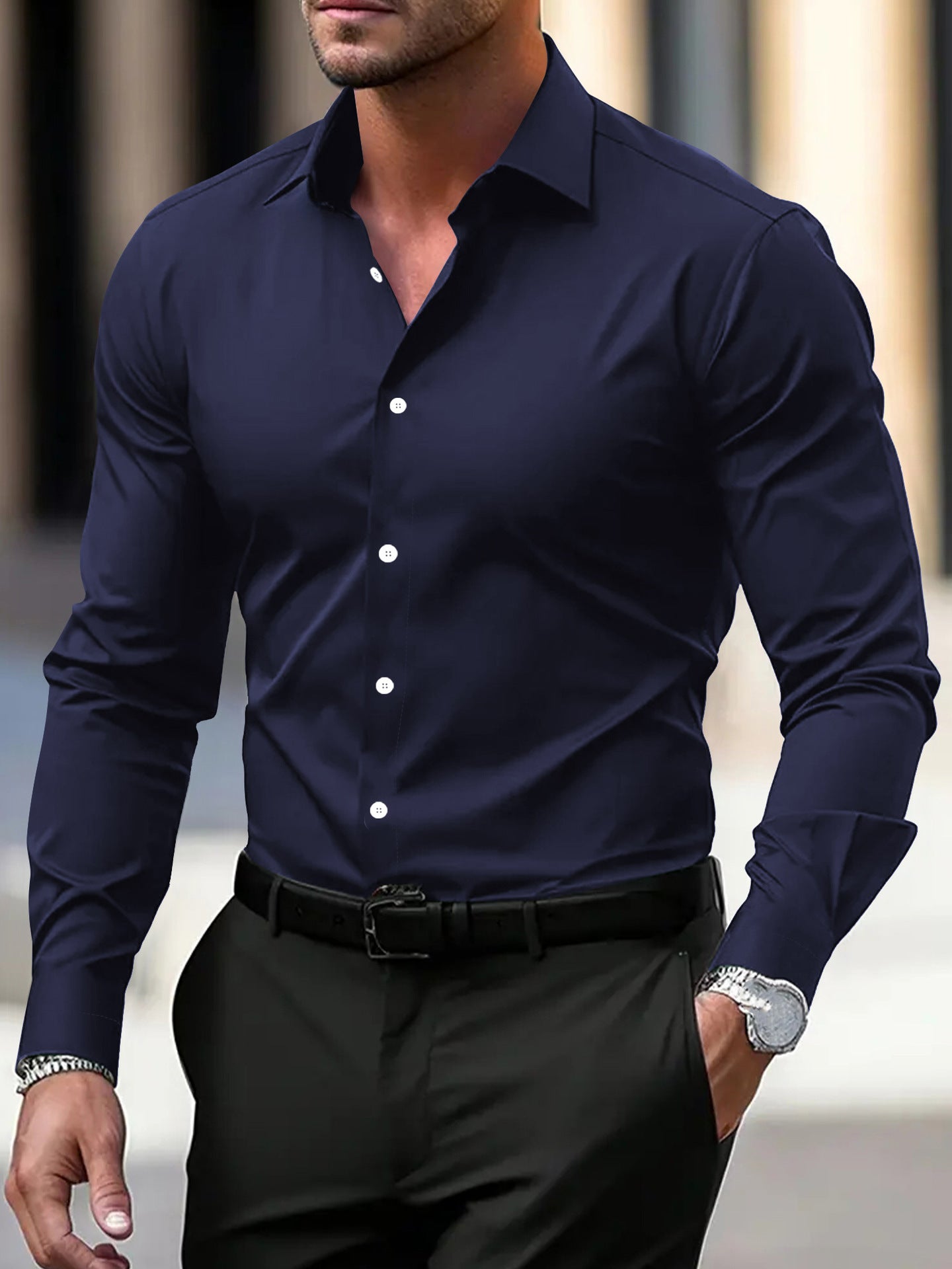 Men's Shirt Business Button Down Shirt Summer Solid Color Long Sleeve Lapel Vacation Shirt Fashion Temperament Casual Tops - ARCHSHOPE
