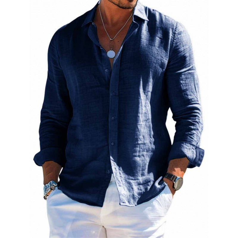 Men's Long Sleeve Shirt Casual Loose Lapel Button Top Solid Color Plus Size Blouse Clothing - ARCHSHOPE