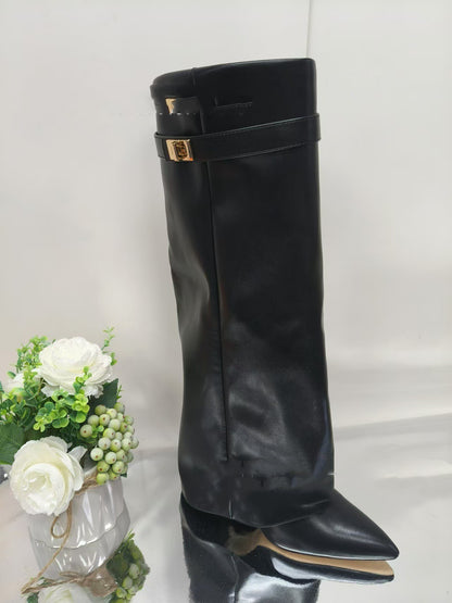 Ins Pant-tube Boots Pointed Toe Chunky Heel Shoes WInter Knight Mid-calf Dress Boot For Women - ARCHSHOPE