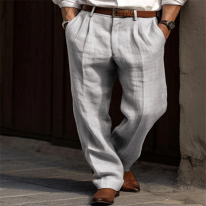 Men's Linen Trousers Double Pleated Front Pocket Straight Pure Color Comfort Breathable Casual - ARCHSHOPE