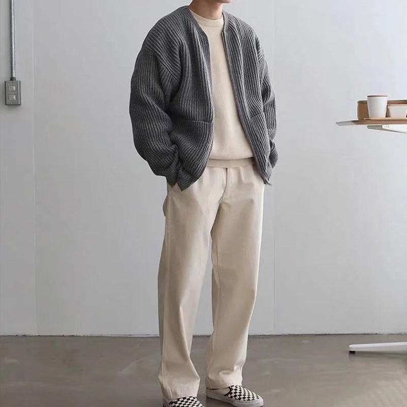 Herren-Strickjacke mit Reißverschluss, gefüttert, Trichterhals, Pullover, Taschen, Mantel, für alle Jahreszeiten, bequem, weich, lange Ärmel