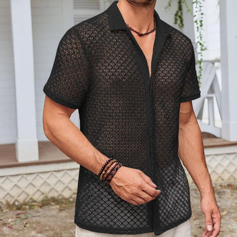 Summer Mesh Short Sleeve Shirt Fashion Solid Color Lapel Shirt Tops Beach Men Clothing - ARCHSHOPE