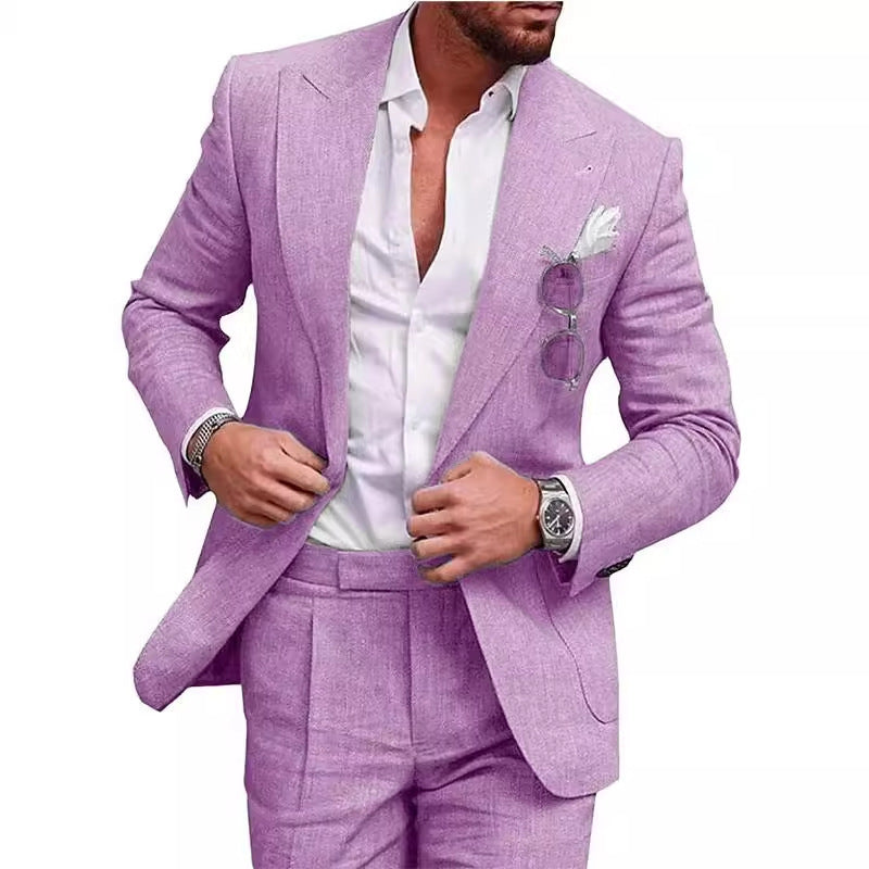 Men's Large Single Row One Button Solid Color Suit Two-piece Set - ARCHSHOPE