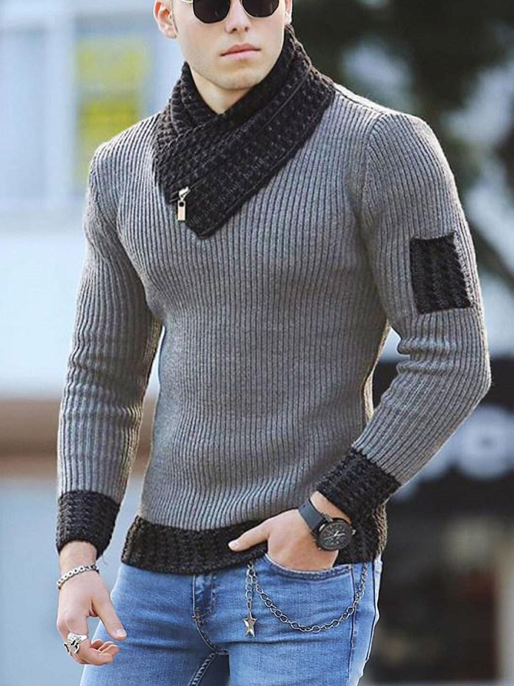Independent Station Lässiger, schmaler Strickpullover mit langen Ärmeln und Schalkragen für Herren