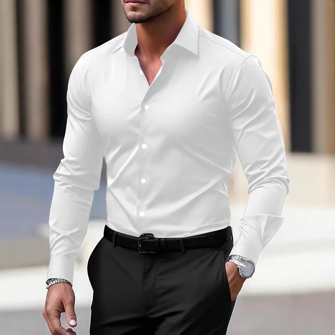 Men's Shirt Business Button Down Shirt Summer Solid Color Long Sleeve Lapel Vacation Shirt Fashion Temperament Casual Tops - ARCHSHOPE