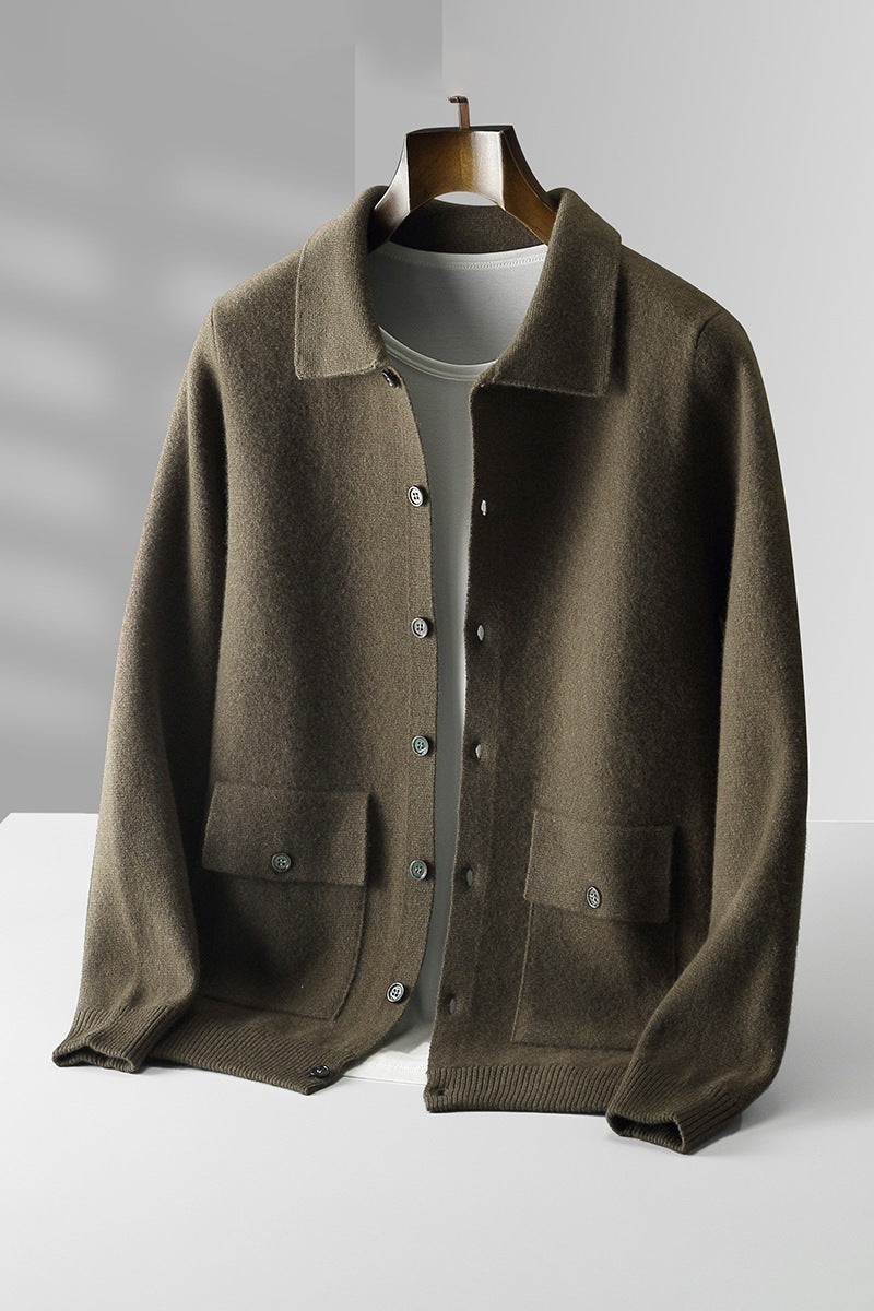 Cardigan en laine à col polo pour homme, couleur unie, automne-hiver, rétro, poche, manteau épais