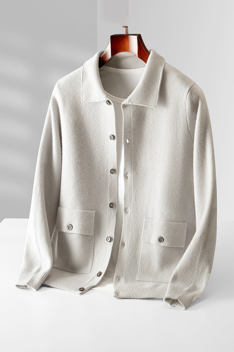 Cardigan en laine à col polo pour homme, couleur unie, automne-hiver, rétro, poche, manteau épais