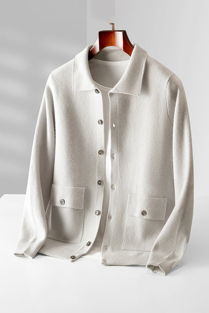 Cardigan en laine à col polo pour homme, couleur unie, automne-hiver, rétro, poche, manteau épais