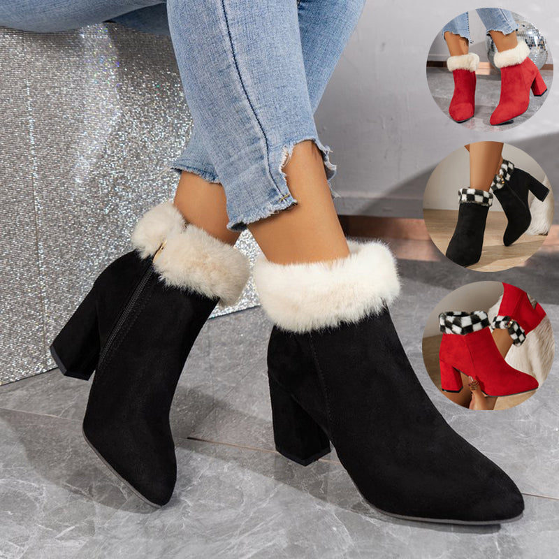 New Plaid Print Plush Ankle Boots Winter Fashoin Square Heel Suede Boots Women Casual Versatile Shoes Autumn And Winter - ARCHSHOPE