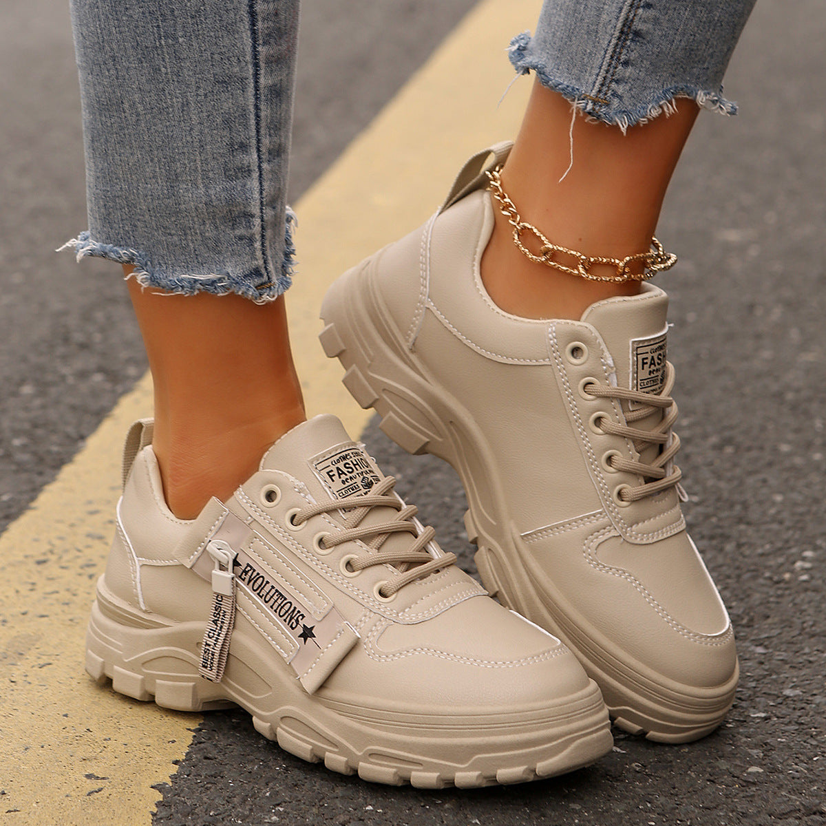 Lace-up Sports Shoes With Side-Zipper Design Fashion Thick-soled Round-toe Casual Shoes For Women Sneakers - ARCHSHOPE
