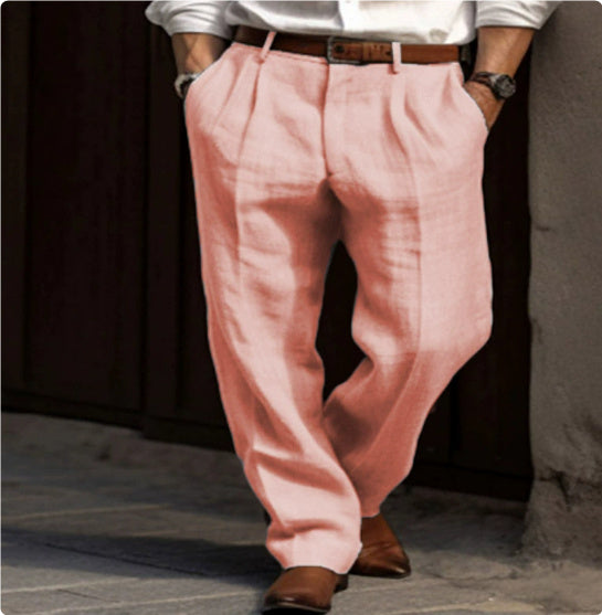 Men's Linen Trousers Double Pleated Front Pocket Straight Pure Color Comfort Breathable Casual - ARCHSHOPE