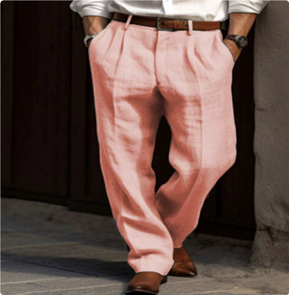 Men's Linen Trousers Double Pleated Front Pocket Straight Pure Color Comfort Breathable Casual - ARCHSHOPE
