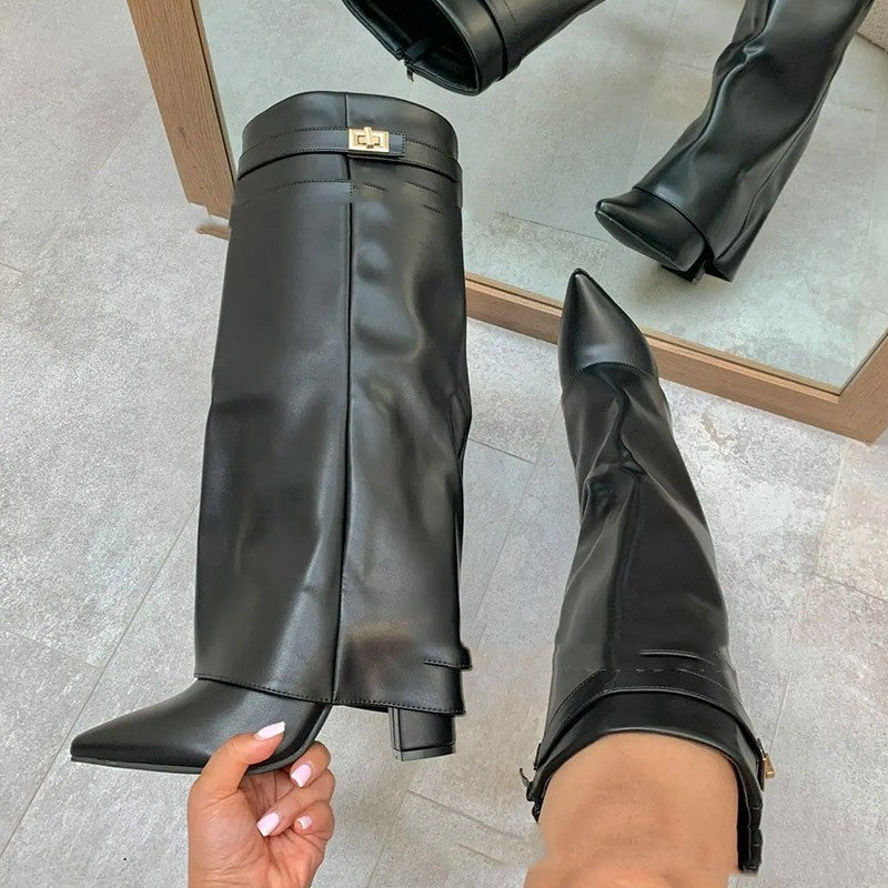 Ins Pant-tube Boots Pointed Toe Chunky Heel Shoes WInter Knight Mid-calf Dress Boot For Women - ARCHSHOPE