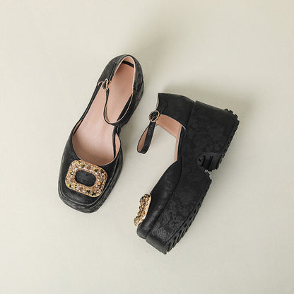New Chinese Style Jacquard Square Toe Chunky Heel Womens Shoes