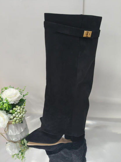 Ins Pant-tube Boots Pointed Toe Chunky Heel Shoes WInter Knight Mid-calf Dress Boot For Women - ARCHSHOPE