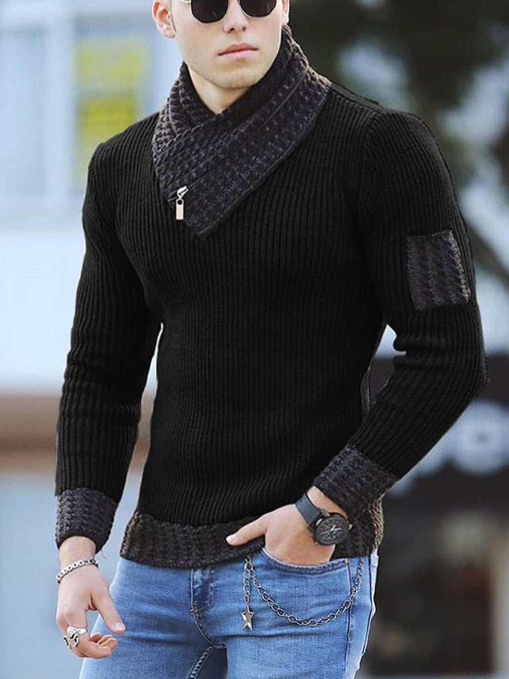 Independent Station Lässiger, schmaler Strickpullover mit langen Ärmeln und Schalkragen für Herren