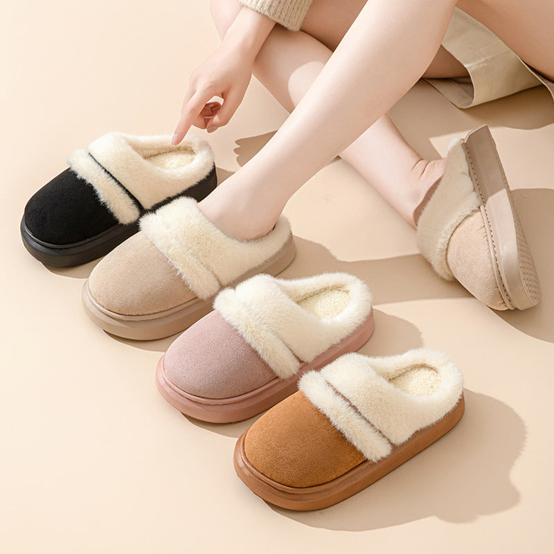 Fashion Warm Cotton Slippers For Women Leisure Thick Bottom Non-slip Plus-velvet House Shoes Winter Bedroom Floor Suede Slipper - ARCHSHOPE