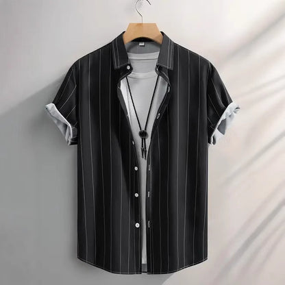Chemise à manches courtes et col montant pour homme, tendance été, rayures