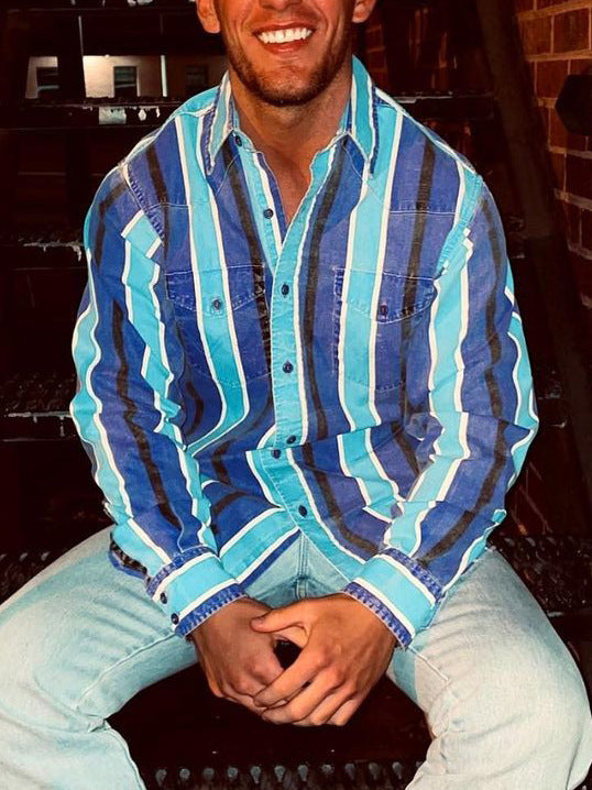 Men's Retro Printed Loose Long Sleeves Top Striped Casual Shirt - ARCHSHOPE