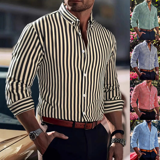 Ins Stripe Printed Long Sleeve Shirt Men Fashion Casual Lapel Button Top Clothing - ARCHSHOPE