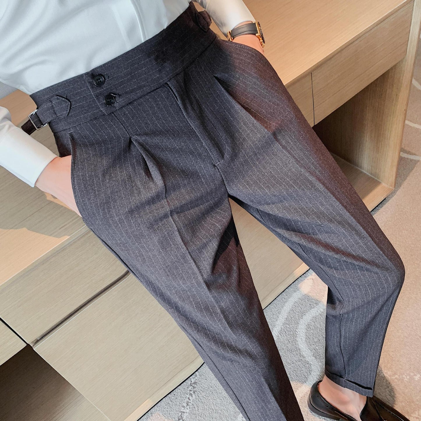Pantalon taille haute rayé décontracté pour homme