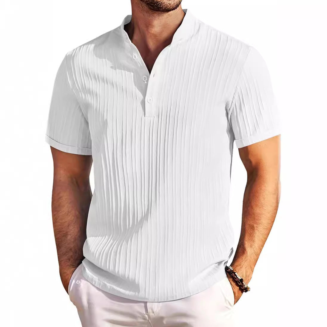 T-shirt d'été à manches courtes et col montant, à rayures de couleur unie, style polo décontracté, vêtement de plage pour homme