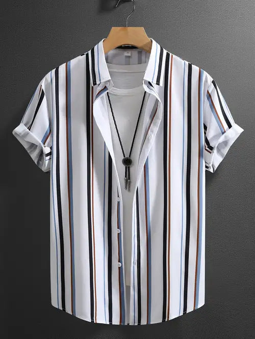 Chemise à manches courtes et col montant pour homme, tendance été, rayures