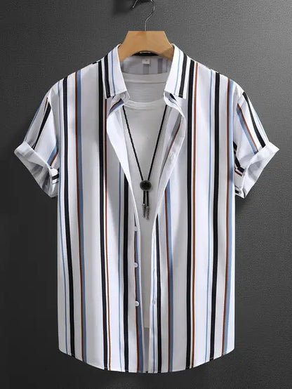 Chemise à manches courtes et col montant pour homme, tendance été, rayures
