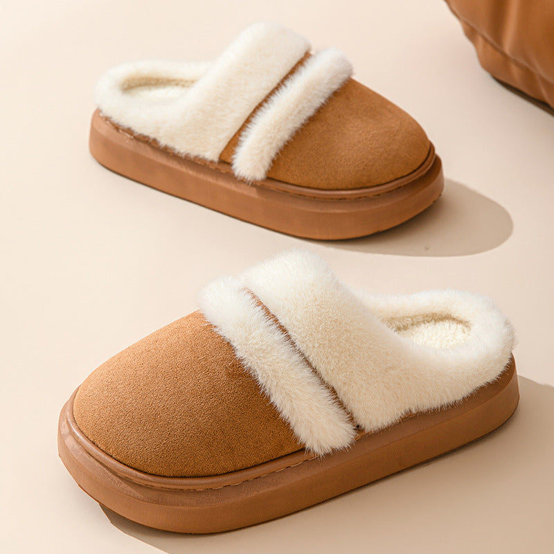 Fashion Warm Cotton Slippers For Women Leisure Thick Bottom Non-slip Plus-velvet House Shoes Winter Bedroom Floor Suede Slipper - ARCHSHOPE