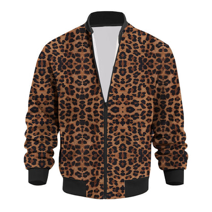 Herbst Vintage Leopard Print Muster Herren Reißverschlussjacke Fleecegefüttert Langarmmantel
