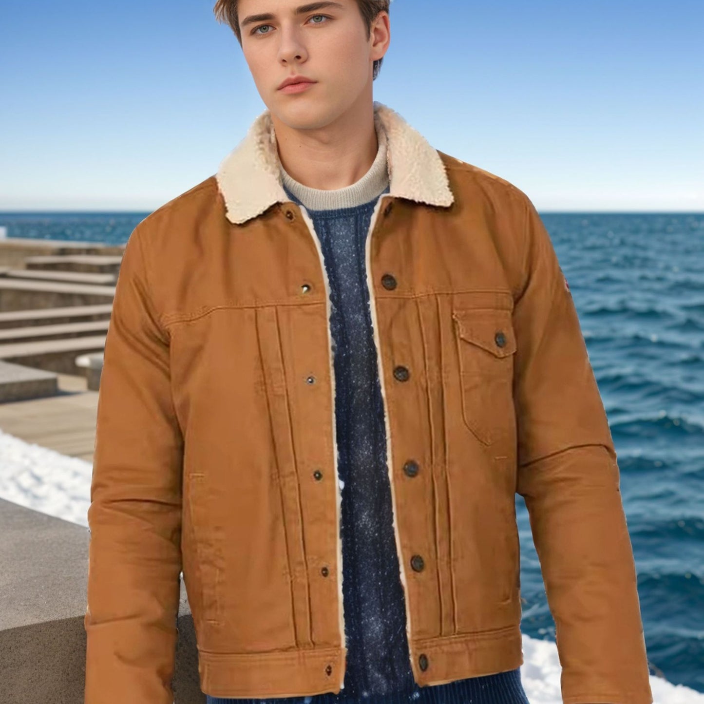 Herren Mantel Fleece Gefüttert Mantel Pelz Kragen Einreihig Multi-tasche