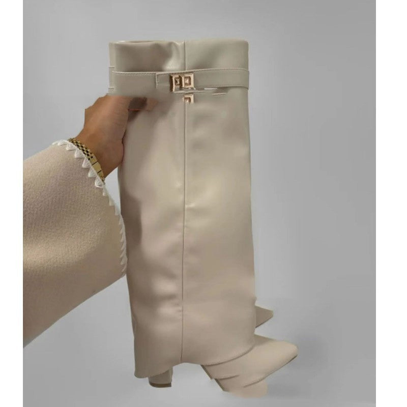 Ins Pant-tube Boots Pointed Toe Chunky Heel Shoes WInter Knight Mid-calf Dress Boot For Women - ARCHSHOPE
