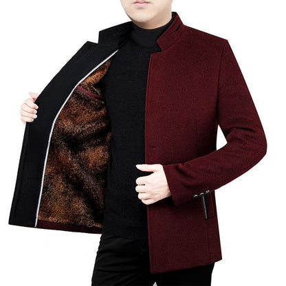 Manteau en laine pour homme d'âge moyen, col montant en velours, vêtement pour papa, automne et hiver, polaire rembourrée