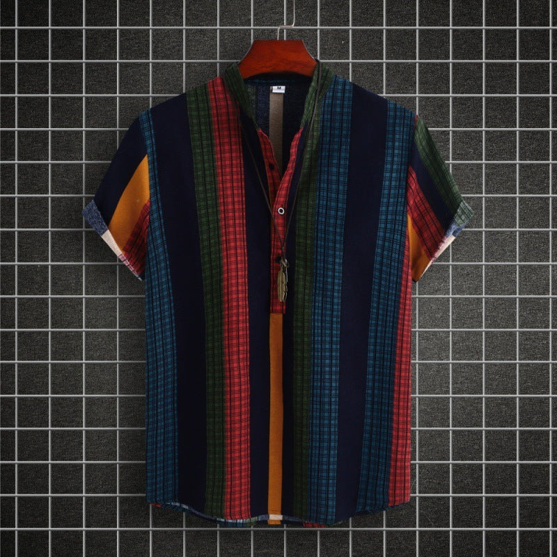 Chemise homme à col montant, style ethnique, rayée, en coton et lin, décontractée, à manches courtes