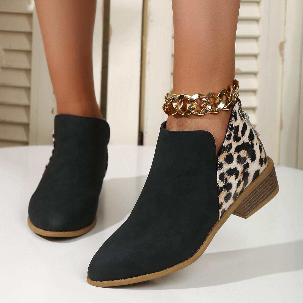 Fashion Leopard Print Boots Women Pointed Toe Chunky Heel Back Zipper Shoes - ARCHSHOPE