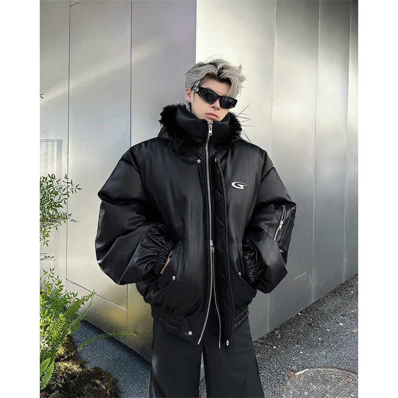 Manteau à capuche en cuir synthétique et coton, haut chaud et ample