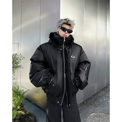 Manteau à capuche en cuir synthétique et coton, haut chaud et ample