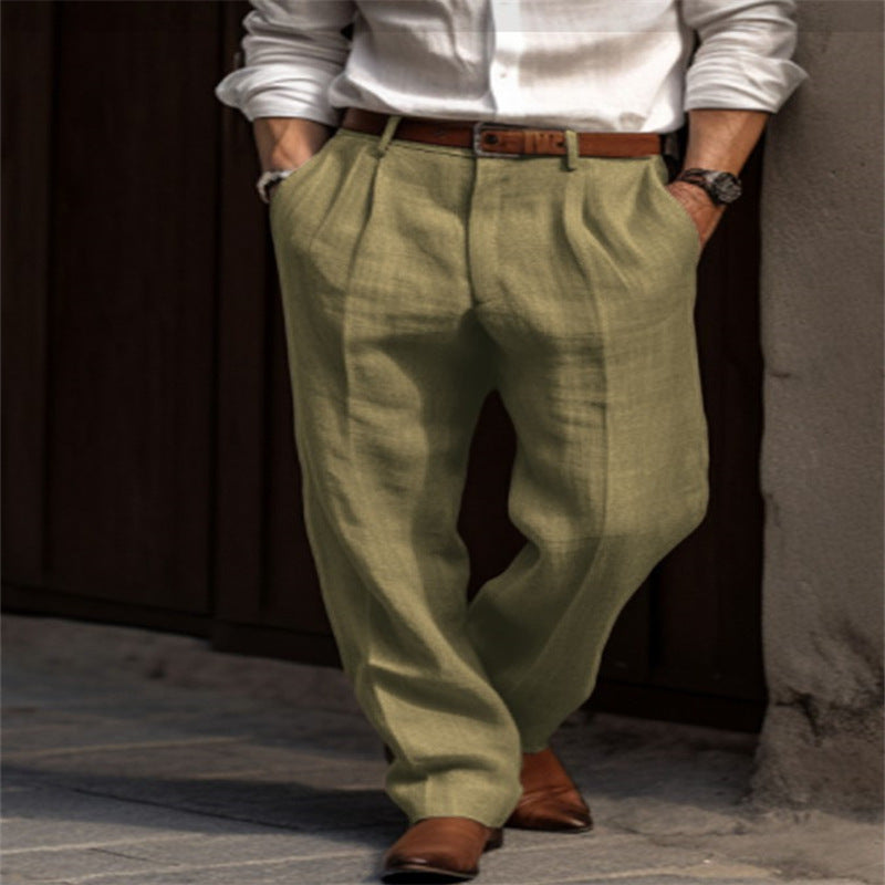 Men's Linen Trousers Double Pleated Front Pocket Straight Pure Color Comfort Breathable Casual - ARCHSHOPE