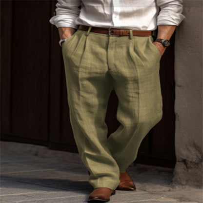 Men's Linen Trousers Double Pleated Front Pocket Straight Pure Color Comfort Breathable Casual - ARCHSHOPE