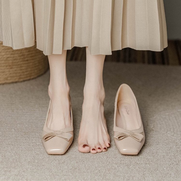 2026 New Spring Women's Pumps, Square Toe Block Heel, Bow Patent Leather, French Style Nude Heels, Elegant Shoes For Dresses