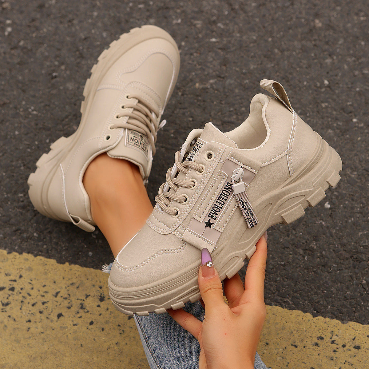 Lace-up Sports Shoes With Side-Zipper Design Fashion Thick-soled Round-toe Casual Shoes For Women Sneakers - ARCHSHOPE