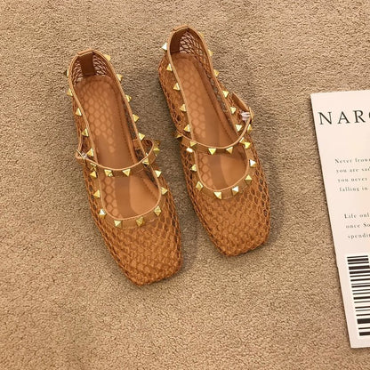 French Style Hollow-out Nude Apricot Temperament Sandals For Women, New 2026 Summer Gentle Rivet Fairy Mary Jane Mesh Sandals