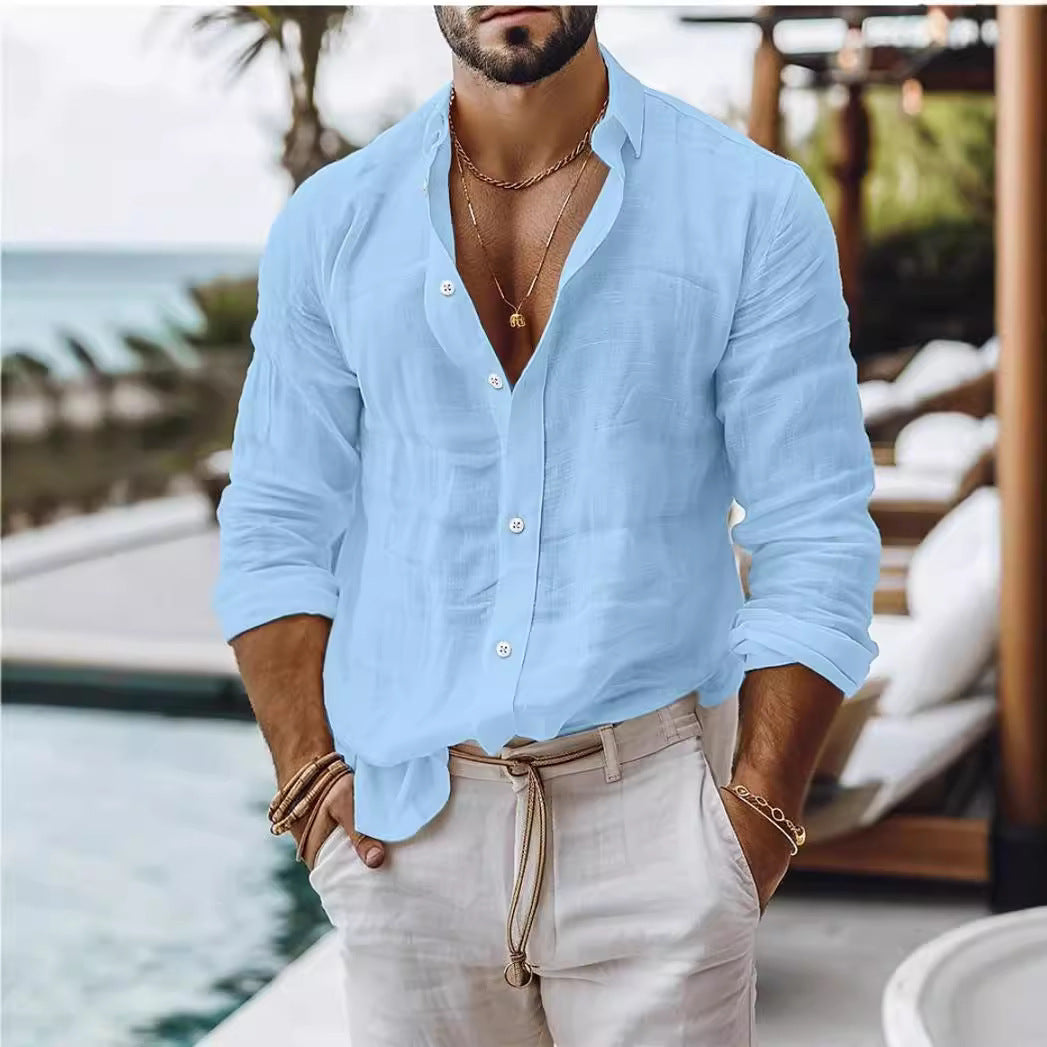 Men's Solid Color Cotton Linen Shirt Casual Style Long Sleeve - ARCHSHOPE