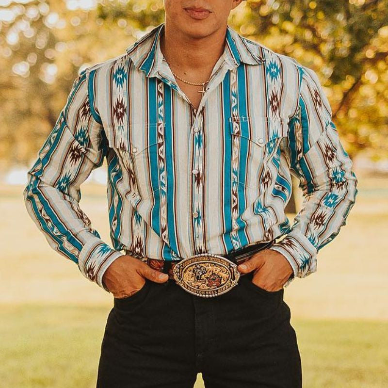 Men's Retro Printed Loose Long Sleeves Top Striped Casual Shirt - ARCHSHOPE