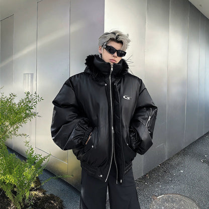 Manteau à capuche en cuir synthétique et coton, haut chaud et ample