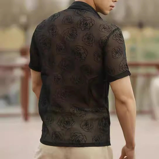 Herren Rose Flower Mesh Durchsichtiger Knopf Kurzarm