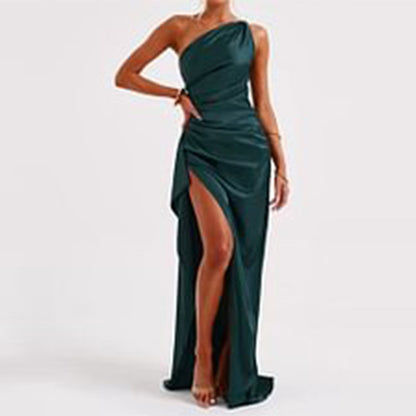 Sexy One-shoulder Backless Slit Dress Summer Elegant Slim-fit Solid Color Satin Dresses For Women - ARCHSHOPE