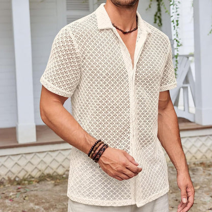 Summer Mesh Short Sleeve Shirt Fashion Solid Color Lapel Shirt Tops Beach Men Clothing - ARCHSHOPE